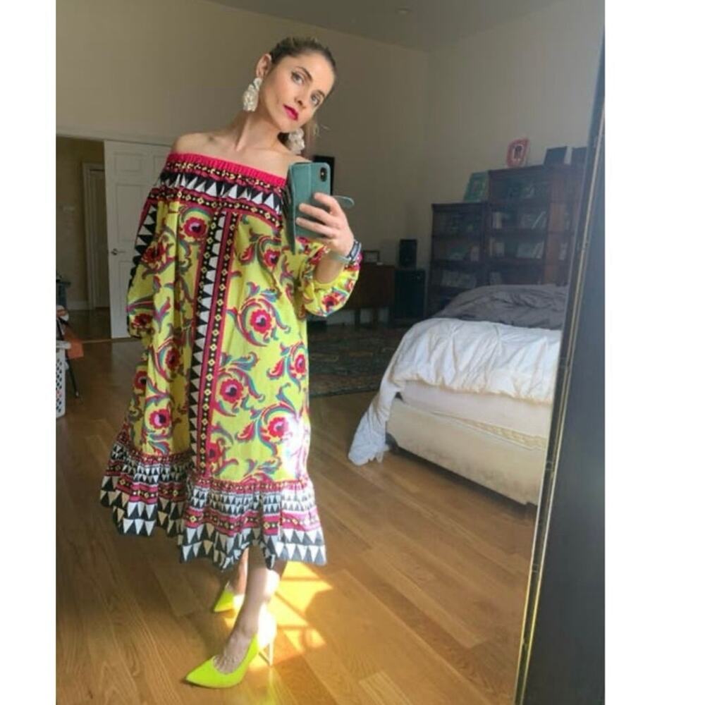 LA DOUBLEJ Yellow Paisley Mod Geo Print Three Quarter Sleeve Off Shoulder Dress - Picture 11 of 16